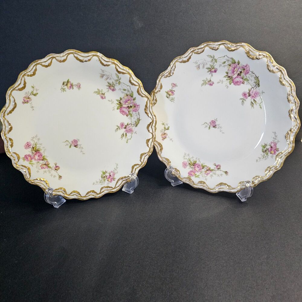 B&H Limoges France Set 2 Dinner Plates w Pink/White Flowers & Brushed Gold Edge